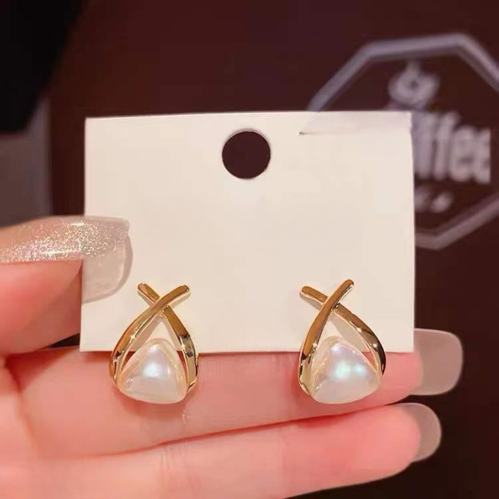 Trendy Korean Cross Pearl Earrings β Sculpted Design (AVT-114)