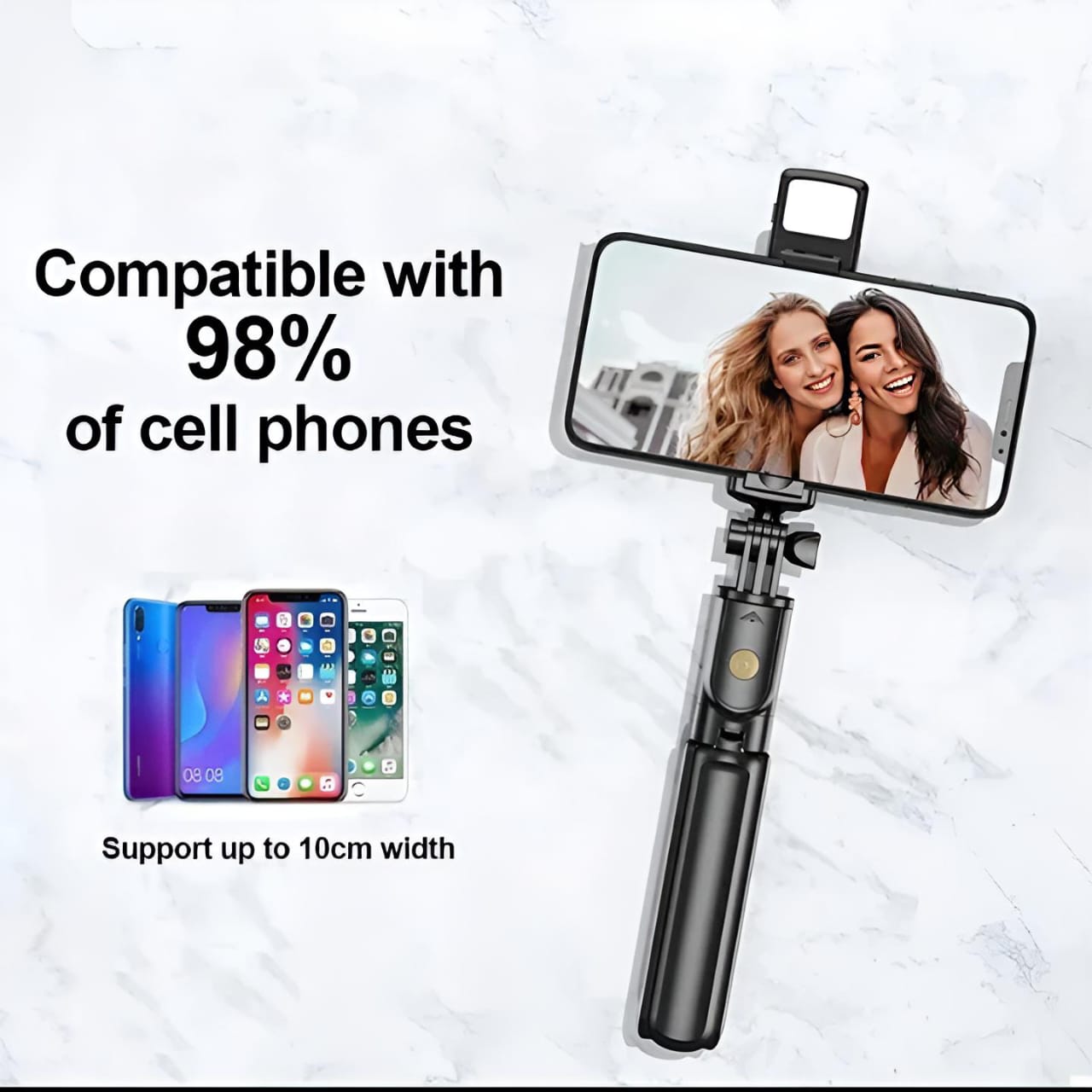 R1S Selfie Stick with Tripod | Bluetooth Foldable Selfie Rod with Remote Control for Phone Action Camera Iphone ﻿with flash light - With Light