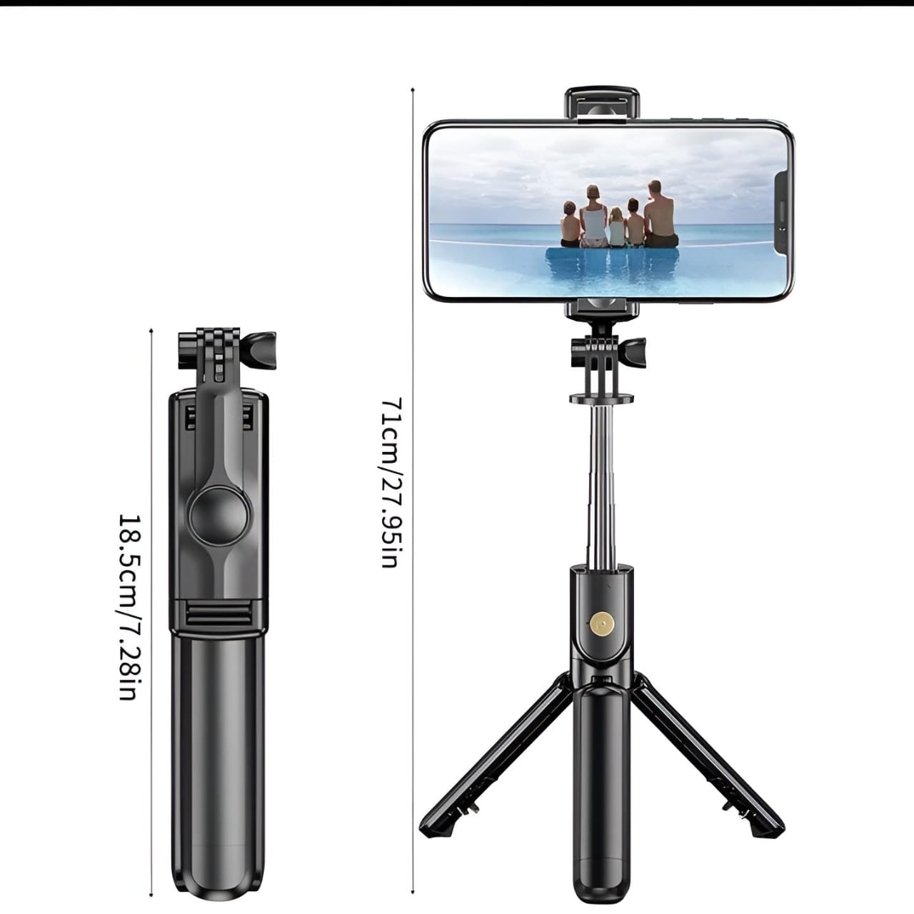 R1S Selfie Stick with Tripod | Bluetooth Foldable Selfie Rod with Remote Control for Phone Action Camera Iphone ﻿with flash light - With Light