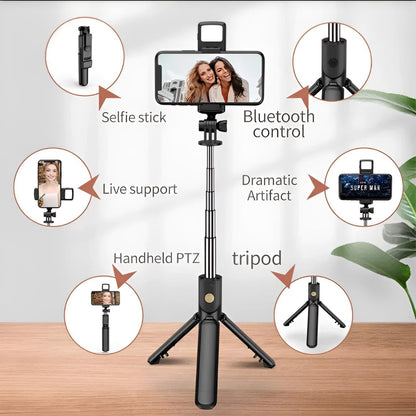 R1S Selfie Stick with Tripod | Bluetooth Foldable Selfie Rod with Remote Control for Phone Action Camera Iphone ﻿with flash light - With Light