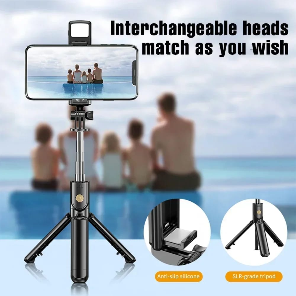 R1S Selfie Stick with Tripod | Bluetooth Foldable Selfie Rod with Remote Control for Phone Action Camera Iphone ﻿with flash light - With Light