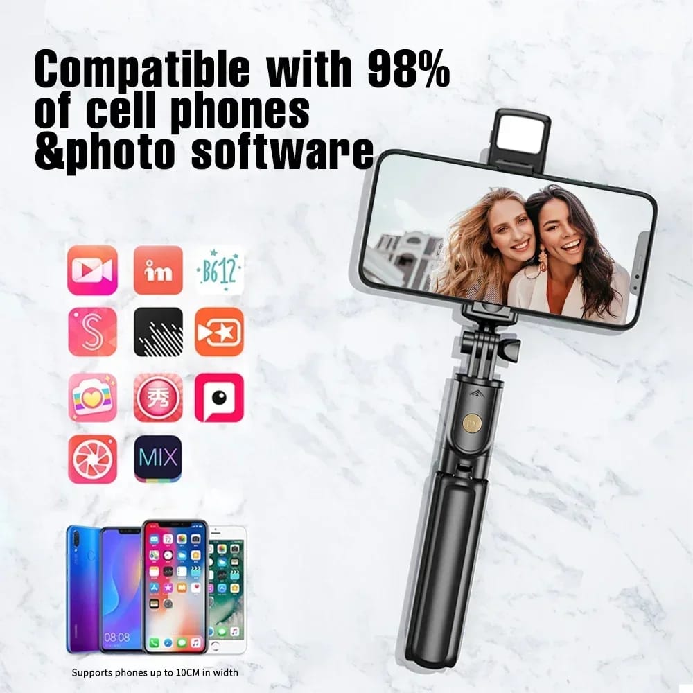 R1S Selfie Stick with Tripod | Bluetooth Foldable Selfie Rod with Remote Control for Phone Action Camera Iphone ﻿with flash light - With Light
