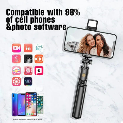 R1S Selfie Stick with Tripod | Bluetooth Foldable Selfie Rod with Remote Control for Phone Action Camera Iphone ﻿with flash light - With Light