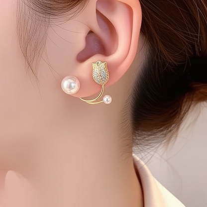 Beautiful Pearl Zircon Korean Flower Earrings for Women – Elegant Floral Design with Sparkling Zircon and Pearl Detailing | Premium Silver and Golden Fashion Jewelry for Parties, Weddings, and Daily Wear | AWT-999 - Golden