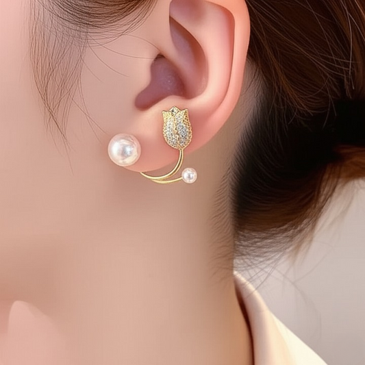 Beautiful Pearl Zircon Korean Flower Earrings for Women – Elegant Floral Design with Sparkling Zircon and Pearl Detailing | Premium Silver and Golden Fashion Jewelry for Parties, Weddings, and Daily Wear | AWT-999 - Golden