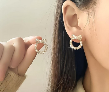 Pearl Bow Korean Zircon Earrings for Women – Elegant Bowknot Design with Sparkling Zircon and Pearl Accents | Premium Golden and Silver Fashion Jewelry for Weddings, Parties, and Everyday Wear | AXT-100 - Golden