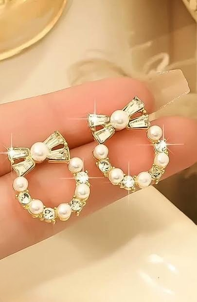 Pearl Bow Korean Zircon Earrings for Women – Elegant Bowknot Design with Sparkling Zircon and Pearl Accents | Premium Golden and Silver Fashion Jewelry for Weddings, Parties, and Everyday Wear | AXT-100 - Golden