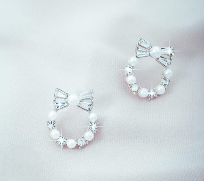 Pearl Bow Korean Zircon Earrings for Women – Elegant Bowknot Design with Sparkling Zircon and Pearl Accents | Premium Golden and Silver Fashion Jewelry for Weddings, Parties, and Everyday Wear | AXT-100 - Golden