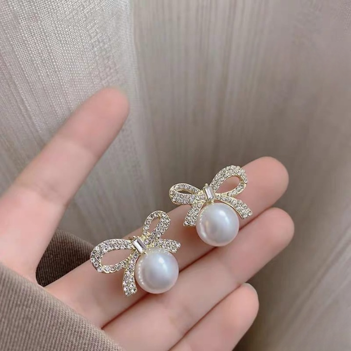 Bow Knot Pearl Earrings with Zircon – Korean Style (PJX-113)
