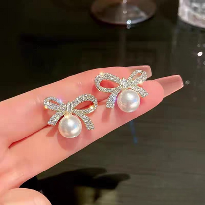 Bow Knot Pearl Earrings with Zircon – Korean Style (PJX-113)