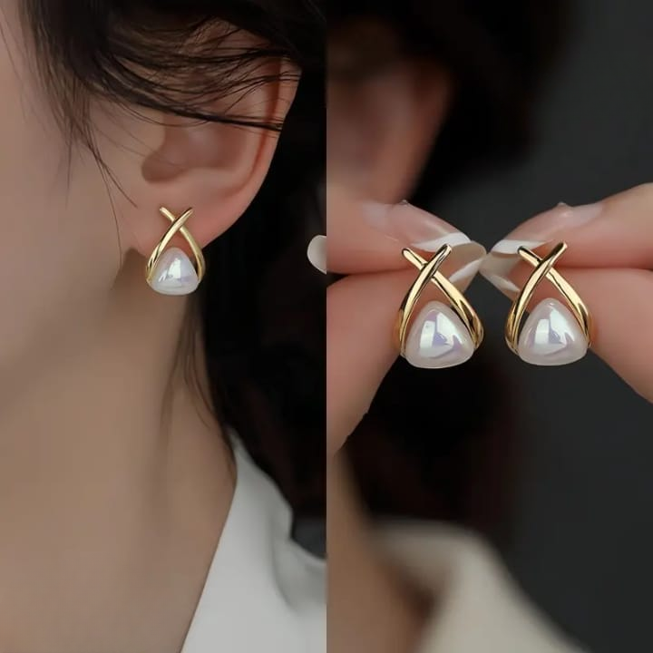 Trendy Korean Cross Pearl Earrings – Sculpted Design (AVT-114)