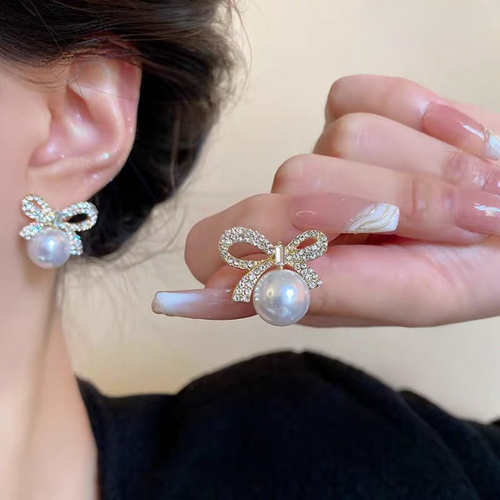 Bow Knot Pearl Earrings with Zircon – Korean Style (PJX-113)
