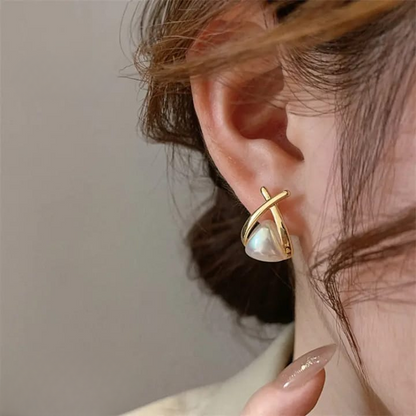 Trendy Korean Cross Pearl Earrings – Sculpted Design (AVT-114)